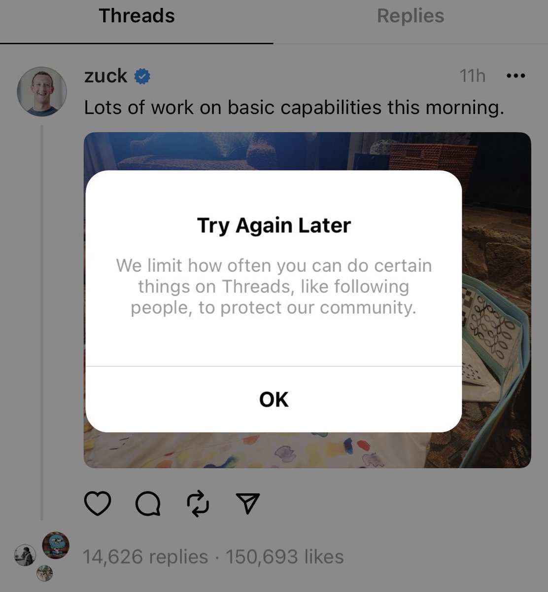 a modal notification in Meta's Threads app showing a message titled "Try again later", with following text "We limit how often you can do certain things on Threads, like following people, to protect our community".